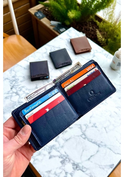 Lacivert Kelebek Model Hakiki Deri Erkek Isme Özel Baskılı Cüzdan Lacivert