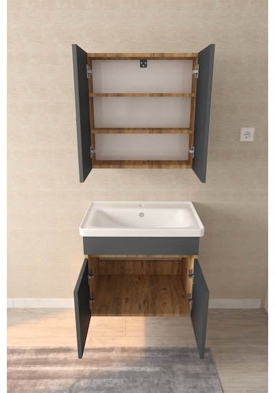 Makbulce Tokyo 65cm Seramik Lavabolu Mdf Aynalı Banyo Dolabı Atlantik Çam - Antrasit Gri Makbulce Tokyo 65cm Seramik Lavabolu Mdf Aynalı Banyo Dolabı Atlantik Çam - Antrasit Gri