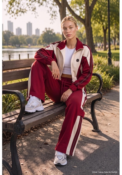 Kadın Bordo Bej W6-35 Crop Sweatshirt Eşofman Pantolon 2'li Tasarım Takım