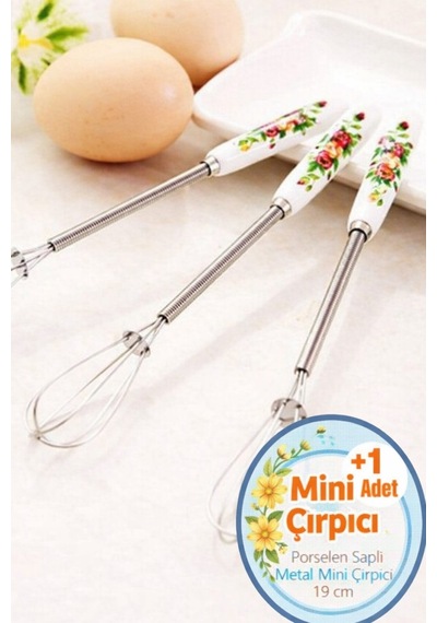 Mini Kahve Çırpıcı Porselen Saplı Süt Yumurta Çırpıcı 19 Cm Desenli Çırpıcı Tel Gümüş