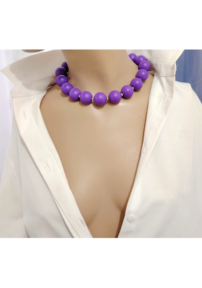 Manolya Büyük Akrilik Boncuk Choker Kolye 5 Renk Mor