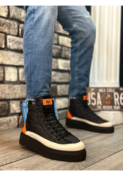 DMR Elegance Ba0811 Boa Yüksek Siyah Taban Paraşüt Kumaş Turuncu Cilt Detaylı Yarım Bilek Spor Bot Rekli
