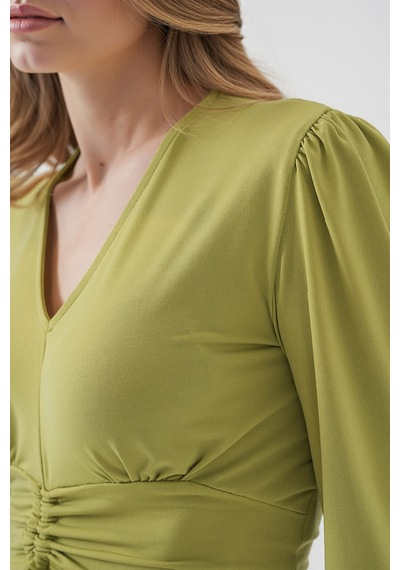 Hiccup Bdart Drapeli V Yaka Dikişli Crop Top Yeşil