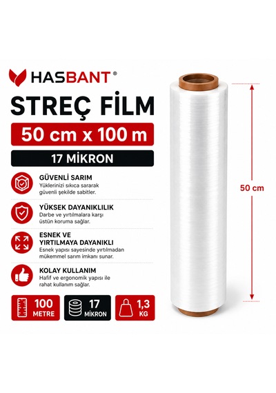 Has Bant Streç Film Şeffaf 50 Cm 100 M - 17 Mikron - 1,3 Kg - Taşınma Ve Paketleme İçin