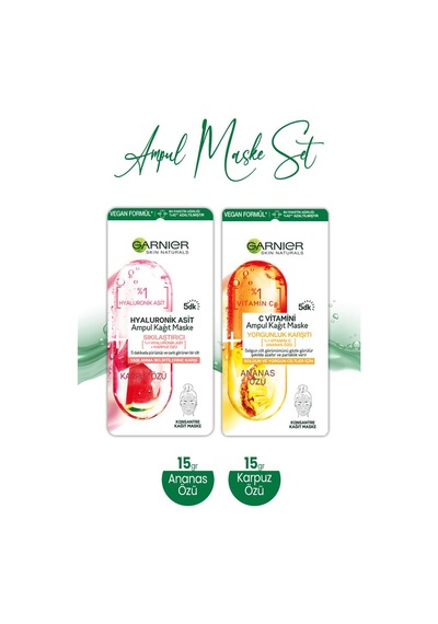 Garnier Hyaluronik Acid Sıkılaştırıcı Ampul Kağıt Maske 15 G + Karşıtı Vitamin C Ampul Kağıt Yüz Maskesi 15 G