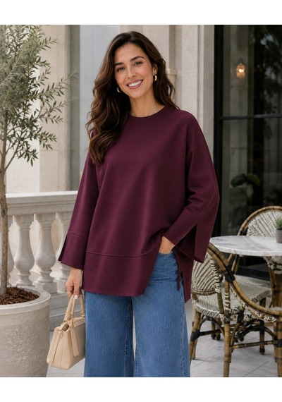 Unika Boutique Kadın Oversize Yırtmaçlı Uzun Kollu Salaş Bluz bordo