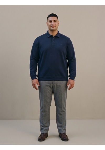 Maccali Erkek Lacivert Büyük Beden Polo Yaka Battal Sweatshirt
