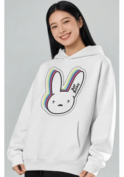 Sevbano Bad Bunny Rapper Şarkıcı Ön Baskılı Unisex Oversize Premium Hoodi beyaz