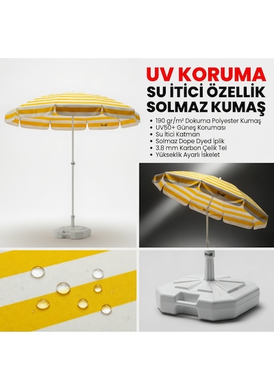 360 Dönebilen Plaj Şemsiyesi Uv Korumalı Su İtici Solmaz Kumaş 190 Gr Dokuma Polyester -sarı
