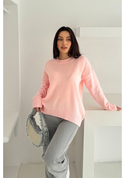 Femelle Kadın Pembe Standart Beden Oversize Basic Triko Kazak - 357bnd