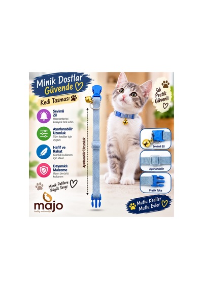 Baron Pet Kedi Boyun Tasması Zilli Ayarlanabilir Güvenlik Tokalı Dokuma - Mavi