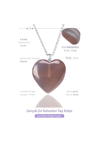 Erilsa Sertifikalı Gerçek Kalp Model Gri Kalsedon Taşı Kolye Çok Renkli