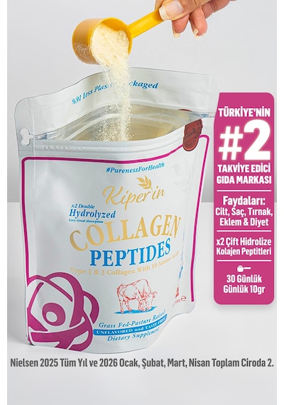 Kiperin %100 Saf Ve Doğal Yüksek Biyoaktif Çift Hidrolize Kolajen Peptitler İçeren Diyet Takviyesi 300gr