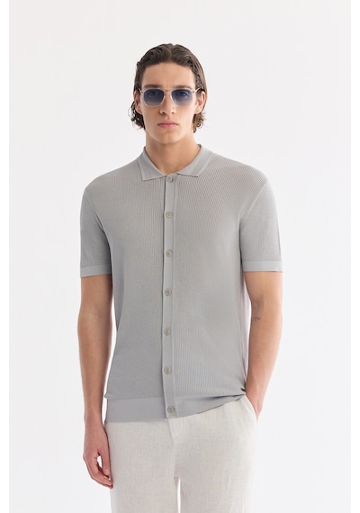 Avva Erkek Gri Polo Yaka Önden Düğmeli Regular Fit Triko T-shirt A61y5017