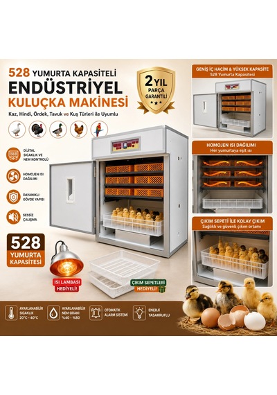 528 Yumurta Kapasiteli Endüstriyel Kuluçka Makinesi - 3 Çeşit Viyollu, Çıkım Sepetli + Isı Lambası Hediyeli