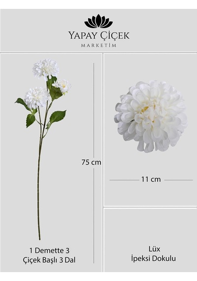 Beyaz Yapay Dahlia Yıldız Çiçeği 3 Dallı Lüx İpeksi Dokulu 75 Cm