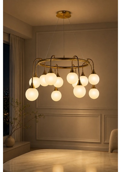 Eskitme Premium Gold 15 Opal Küreli Led Avize Salon Yemek Odası Dekoratif Sarkıt Avize 60w