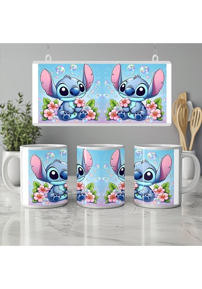 Mavi Stitch Çiçekli Kupa Bardak - Mavi Arka Planlı Tatlı Karakter Tasarımı Hediye Kupa Beyaz