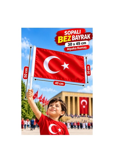Sopalı Bez Bayrak 30x45 Cm 3 Adet Saplı Bayrak Ay Yıldız Plastik Çıtalı 30x45 Bez Bayrak Mill Bayram Kutlama 30 x 45 CM