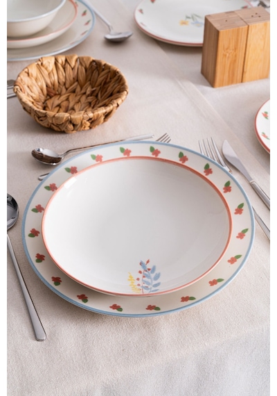 Liora Çiçek Desenli 20 Cm Porselen Yemek Tabağı - 6 Adet Açık