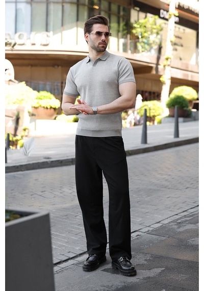 Madmext Gri Polo Yaka Regular Fit Erkek Triko Tişört E7496