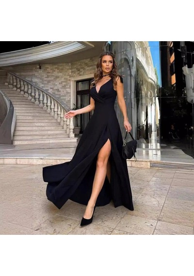 Efnaz Style Kadın Askılı Omuzdan Bağlamalı Kruvaze Yakalı Uzun Yırtmaçlı Janjan Krep Elbise Siyah