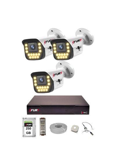 Fury 3 Lü Sesli 15 Warm Led Gece Renkli Görüş Su Geçirmez Güvenlik Kamerası Seti 250gb