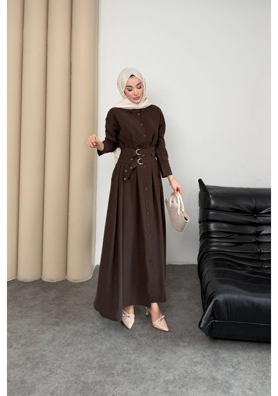 Mihran Butik Valeno Model Coupra Model Kumaş Kemer Detaylı Elbise Kahverengi
