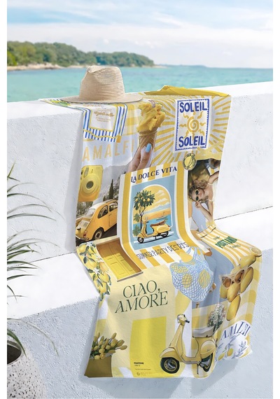 Limon Temalı Amalfi Akdeniz Plaj Havlusu-italyan Yaz Kolaj Sarı Mavi Hızlı Kuruyan Mikrofiber Havlu Çok Renkli