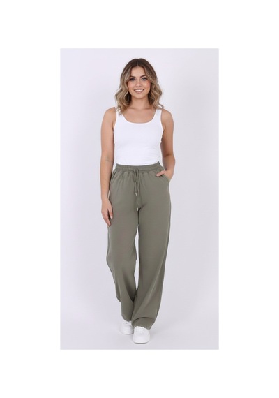 Myrab Denim Kadın Mavi Baggy Keten Pantolon Lastikli Bel Bağcıklı Rahat Geniş Paça Yazlık Pantolon Çağla Yeşili