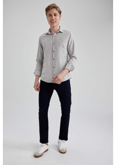 Defacto Slim Fit Dar Kesim Pamuklu Basic Düz Uzun Kollu Gömlek A4644AX23AUGR91 Gri
