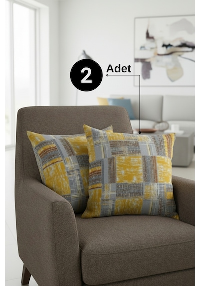 Chevron Bohem Dekoratif Punch Yastık Kırlent Kılıfı 2 Adet 45x45 Etnik Sarı 45 x 45