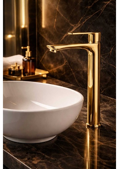 Viosa Gold Altın Renk Kaplamalı Çanak Lavabo Bataryası Yüksek Banyo Lavabo Bataryası Siyah