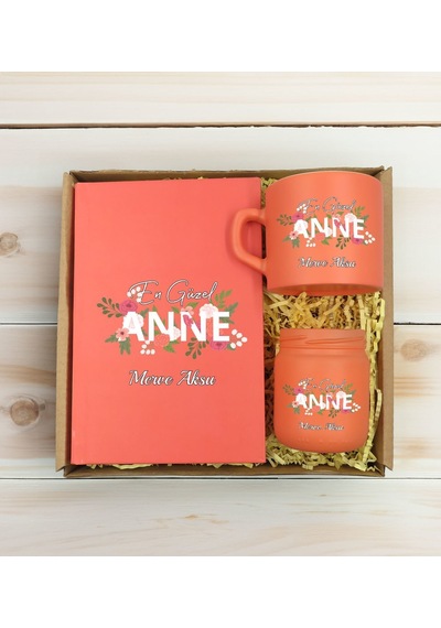Bk Gift Kişiye Özel İsimli Dtf Anne Temalı Somon Defter & Kahve Fincanı & Mum Hediye Seti-1, Anneye Hediye, Anneler Günü Hediyesi Kobitmeyencom30813 B