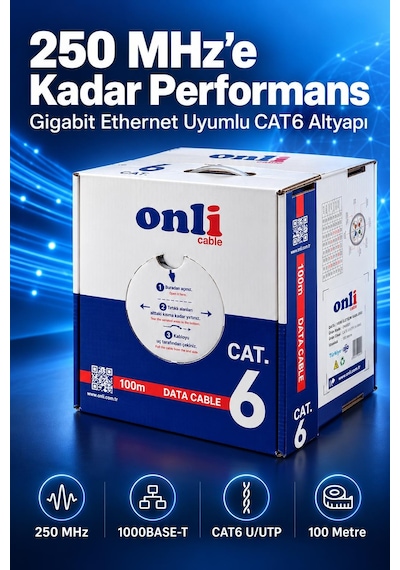 Onli Cat6 Ethernet Kablosu 100 Metre 250 Mhz Gri Data Kablosu