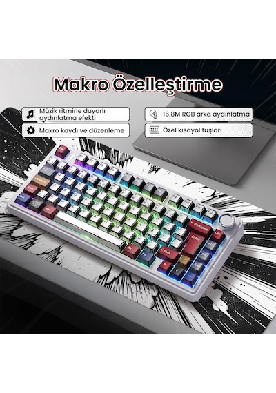 Aula F75 Mekanik Rgb Tkl Graywood V4 Switch Kablosuz Makrolu Hot Swap Türkçe Q Klavye Comic