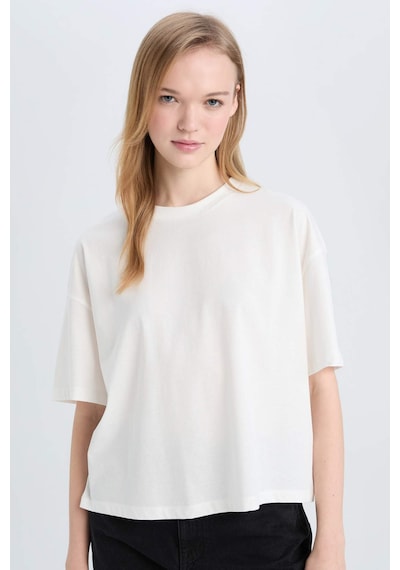 DeFacto Coool Loose Fit Bisiklet Yaka Basic Düz Kalın Kumaş Kısa Kollu Beyaz Tişört E0291AX25SMWT32