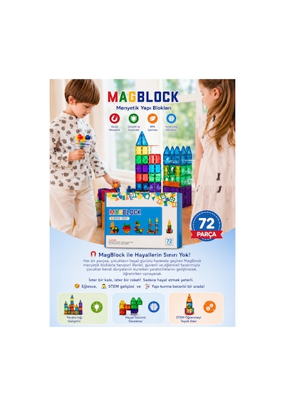 72 Parça Manyetik Yapı Blokları - Tamamı Mıknatıslı - Destekleyici Set - Tüm Markalarla Uyumlu.