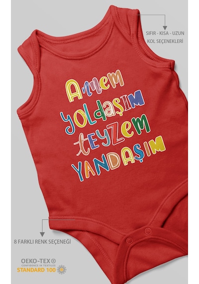 Annem Yoldaşım Teyzem Yandaşım Baskılı Bebek Zıbını Çıtçıtlı Body %100 Pamuk Sıfır Kol Kırmızı