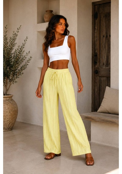 Hira Life Fashion Kadın Kumaşı Kabartma Detaylı Bol Paça Ve Önü Bağcıklı Salaş Burgu Şık Pantolon Sarı Sarı