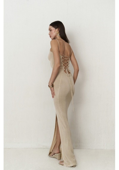 Mai Collection Mai Studios Co. Cintia Sırt Dekolteli Bej Triko Elbise Bej