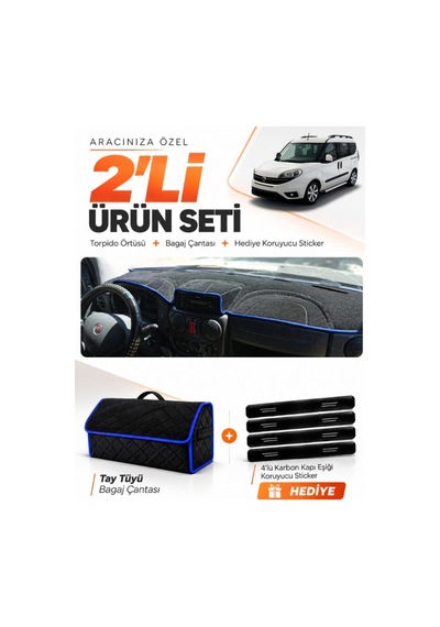 Fiat Doblo 2007-2015 Airbagli Küçük Ekran Uyumlu Torpido Örtüsü + Tay Tüyü Çanta Seti - Siyah Mavi