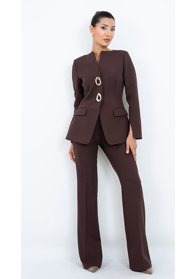 Dorne Moda Kadın Gold Halka Düğme Detaylı Ceket Pantolon Takım bordo