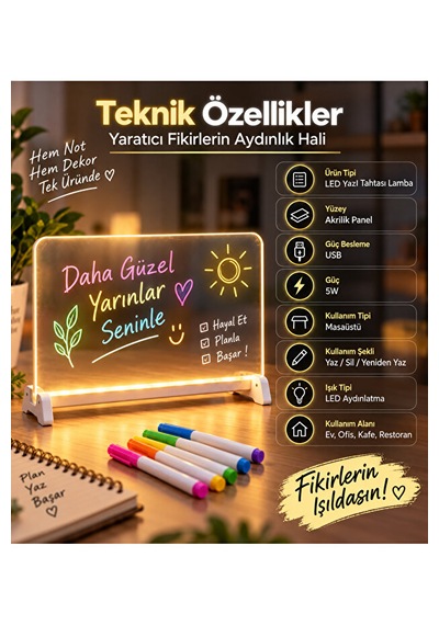 Led Işıklı Yazı Tahtası Akrilik Not Panosu Usb 5w Masaüstü Dekoratif Gece Lambası Beyaz