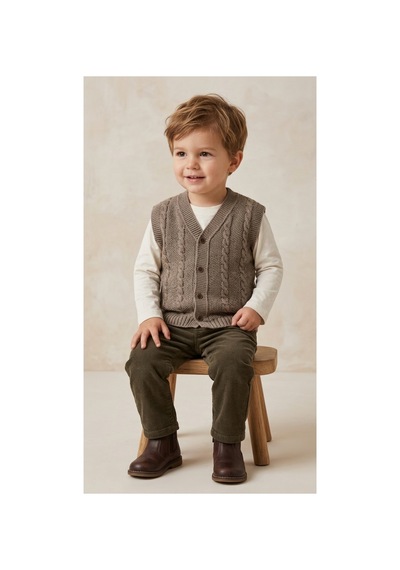 Deniva Kids Unisex Bebek & Çocuk Kahverengi V Yaka Düğmeli Saç Örgü Desenli Triko Yelek