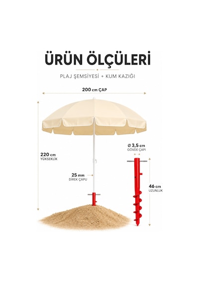 Krem 2 Metre Bahçe - Plaj Şemsiyesi 10 Telli, Sabitleme Kazık Bej