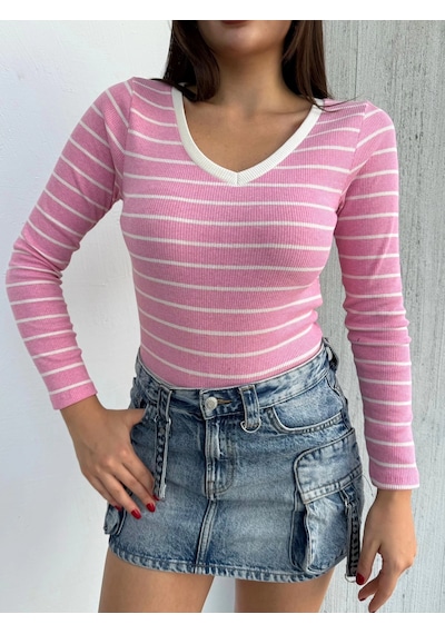 Defymoda V Yaka Çizgili Bluz Pembe A3699 Pembe