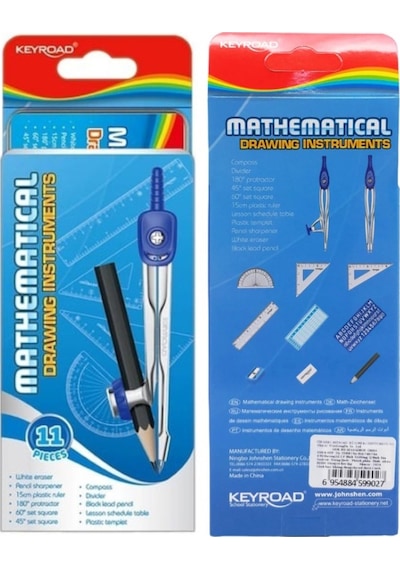 Teknik Çizim Seti 11 Parça Keyroad Metal Pergel Gönye Açı Ölçer İletki Harf Şablonu Metal Kutulu 971708