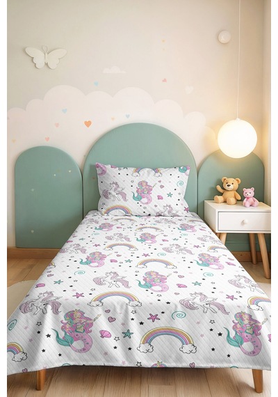 Evimde Bambaşka Unicorn Gökkuşağı Pudra Pembe Kız Çocuk Pike Takımı-deniz Kızı Mint Bebek Yatak Örtüsü - 160x220  CM