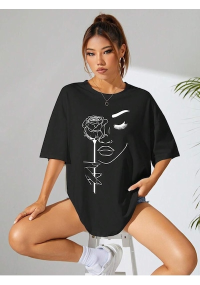Uyguntarz Unisex Gül & Siluet Baskılı Tasarım Tshirt Siyah